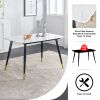 Table and chair set. White imitation marble stone tabletop with black metal legs. Black PU leather backrest and black metal leg chair. 1 table and 4 c