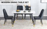 Table and chair set. White imitation marble stone tabletop with black metal legs. Black PU leather backrest and black metal leg chair. 1 table and 4 c